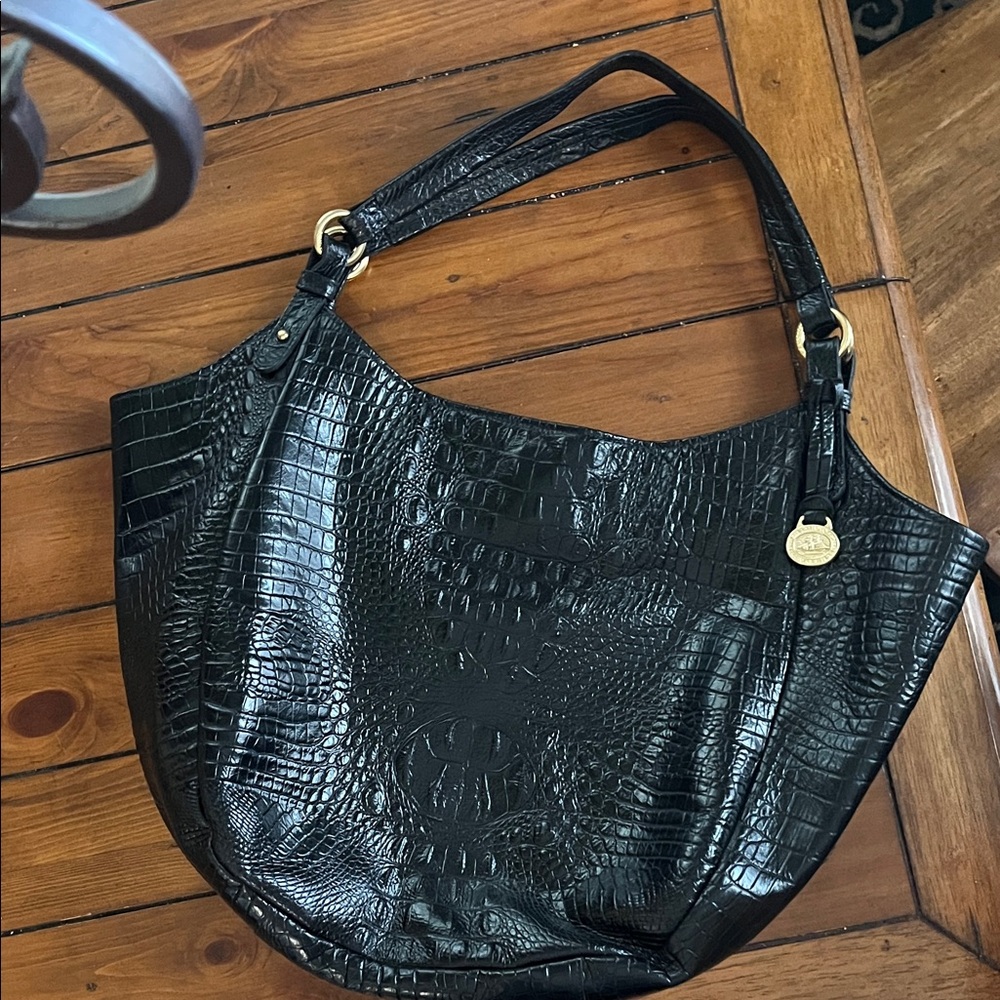 Brahmin Black Croc-Embossed Leather Hobo with Gold Hardware